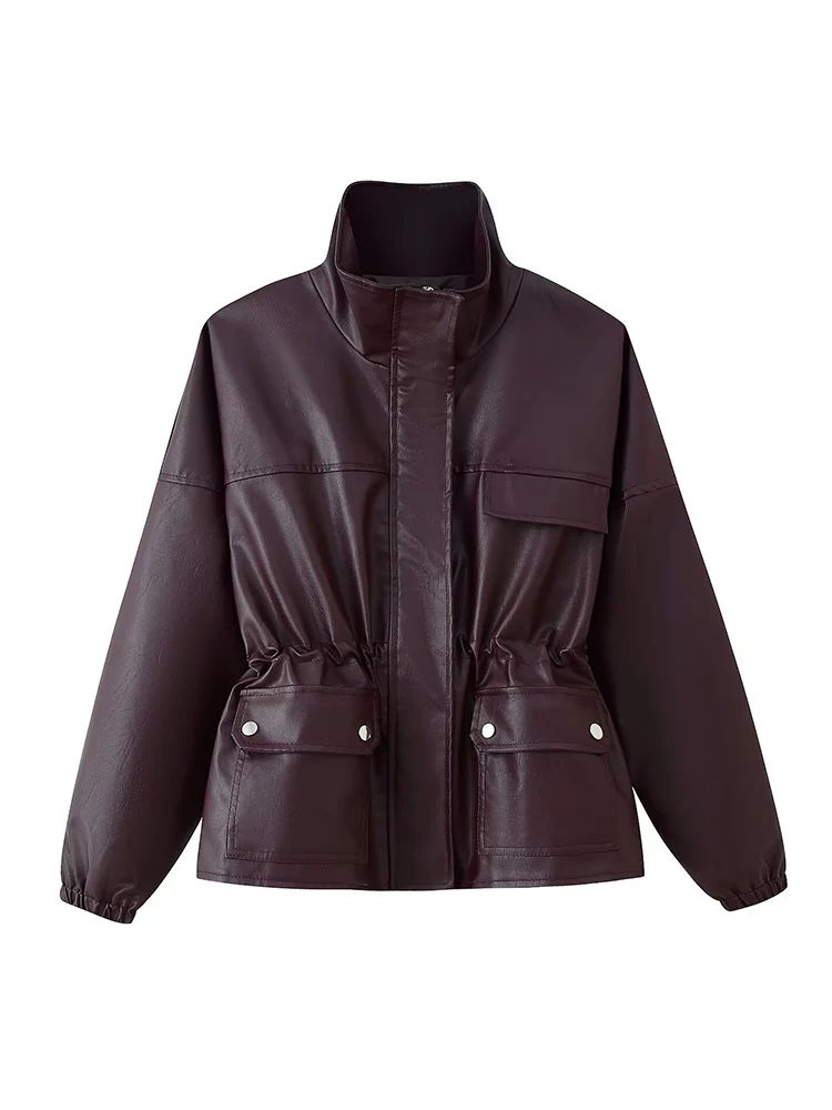 Veste en Faux cuir pour femme, couleur unie, col montant, poches, manteaux en cuir Pu, taille étroite, vêtements d'extérieur, automne