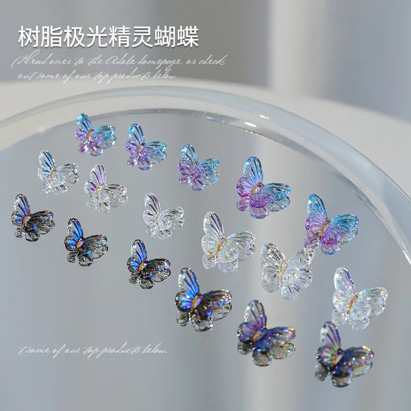 Colorido Aurora Butterfly Nails Decoração, geléia resina decalques, Nail Charms, Manicure Parts, 20pcs