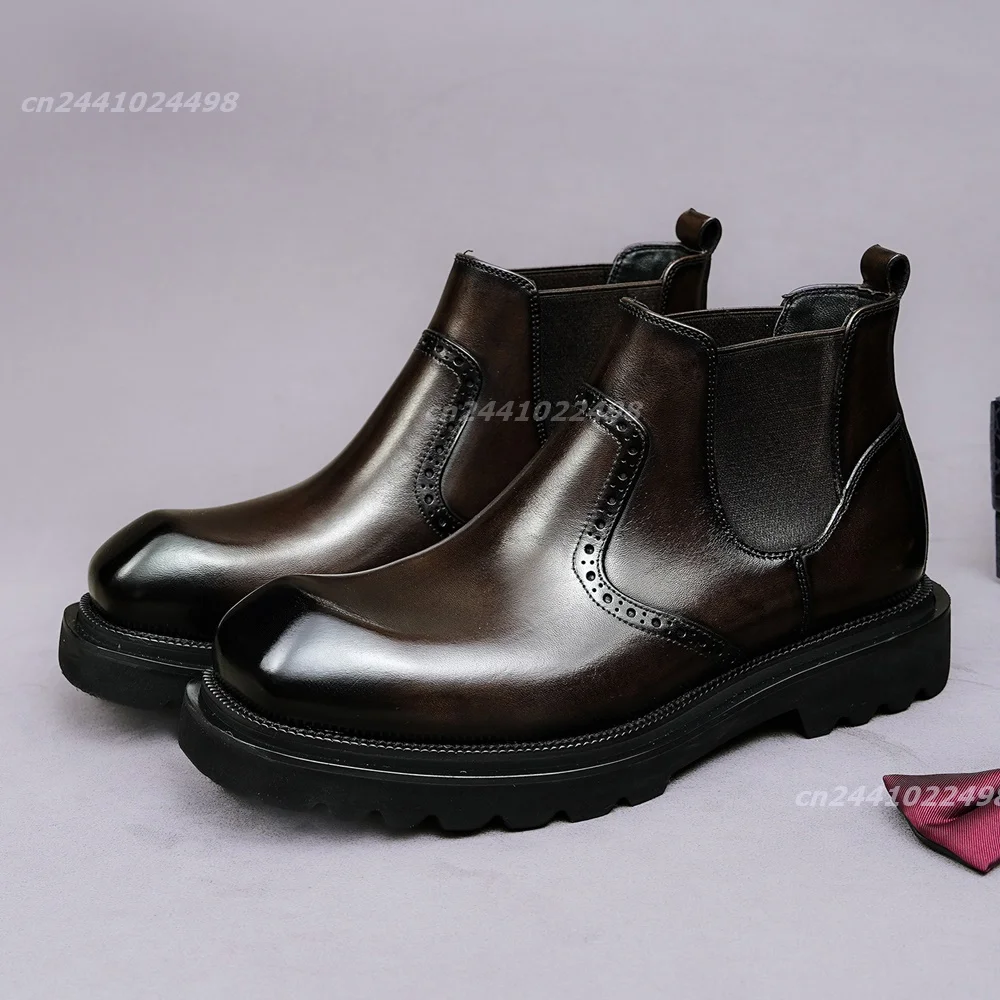 Brogue Square Toe Lace Up Men Ankle Boots Side Zipper Thick Sole Ankle Boots, Pull Tab Detail Dress Footwear Daily Occasions