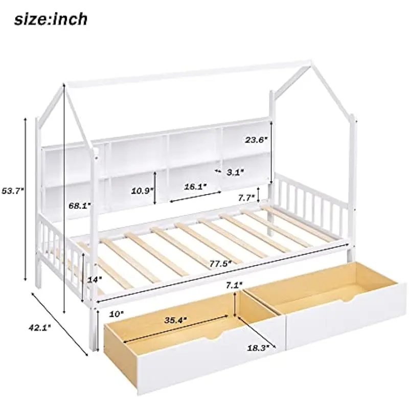 Twin House Bed with Integrated Drawers and Rear Shelf | Wooden Playhouse-Style Sleeping Space for Children | Contemporary Design