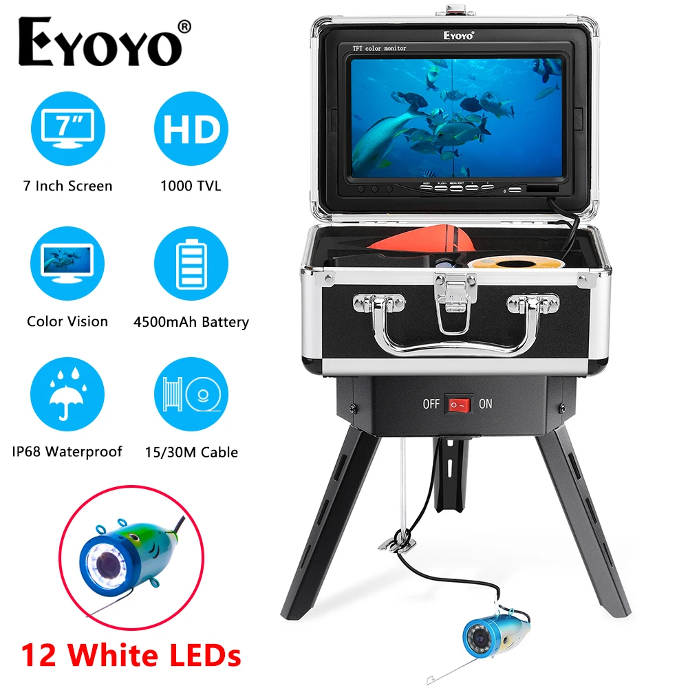 

Eyoyo Ice Fishing Holes Positioner And Fish Finder Kit Remote Control Camera Underwater 360° Rotation 7" Monitor 12pcs White LED