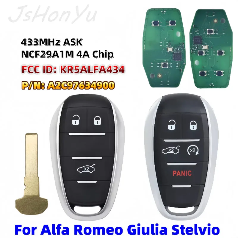 JsHonYu KR5ALFA434 433MHz 4A Chip Smart Remote Key for Alfa Romeo Giulia Stelvio 2015-2021 A2C97634900 Keyless Entry Fob