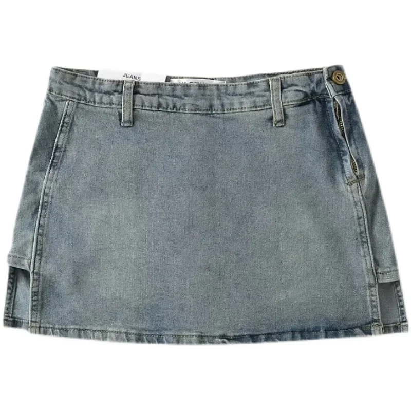 American Retro Denim  Skirt Elastic Side Zipper Anti-Light f Skirt Women Sexy Butt Covering Skirt Street Sle High Wa...
