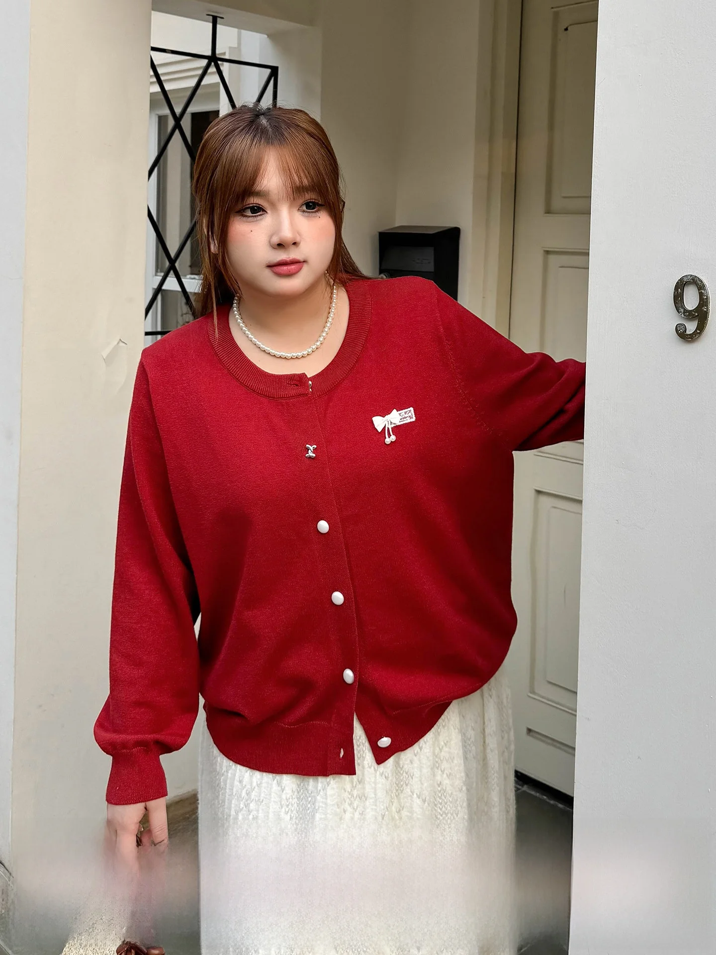 

plus Size Knitted Cardigan Red Knot Button Spring Outerwear Casual Vintage Sle Long Sve round Ne Spring Coat