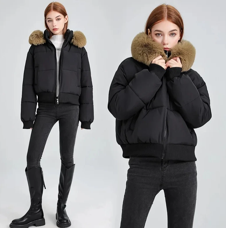 스위트 스타일 짧은 퍼퍼 코트, 여성용 후드 퍼 칼라 재킷, 두꺼운 브레드 스타일 루즈핏, 겨울 신상품