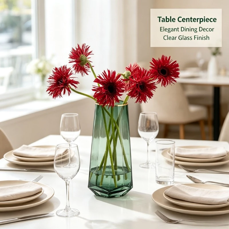 Dark Green Geometric Glass Vase with Gold Rim Modern Luxury Flower Holder for Living Room Table Decor Elegant Home Ornament Gift