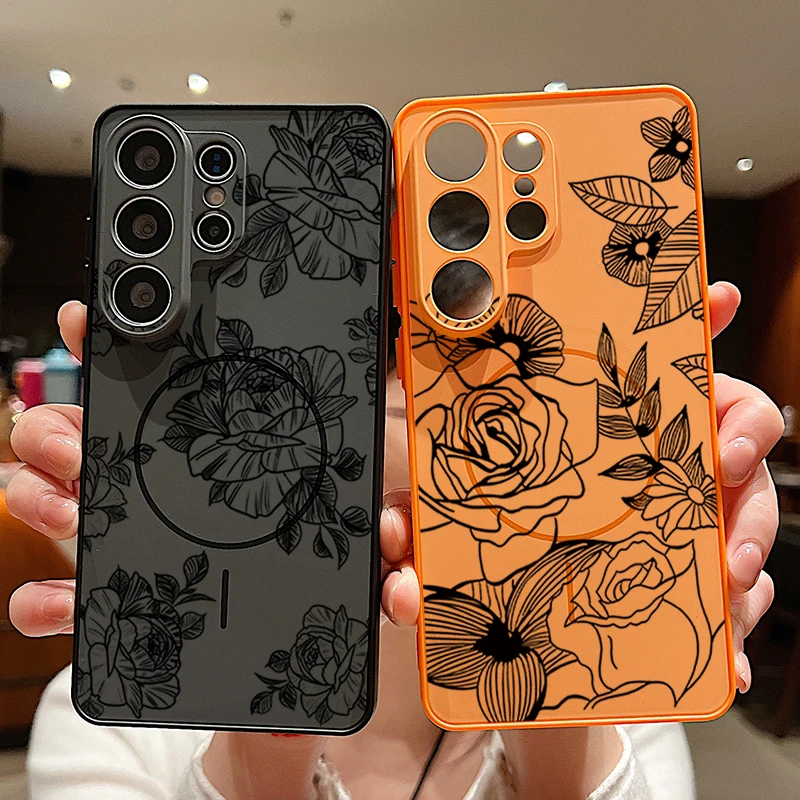 Magnetische Handyhülle für Samsung Galaxy S26 S25 S24 S23 Ultra S25 S24 FE A57 A17 A56 A37 A16 A55 A15 A36 Rosenblüten-Druck Cover