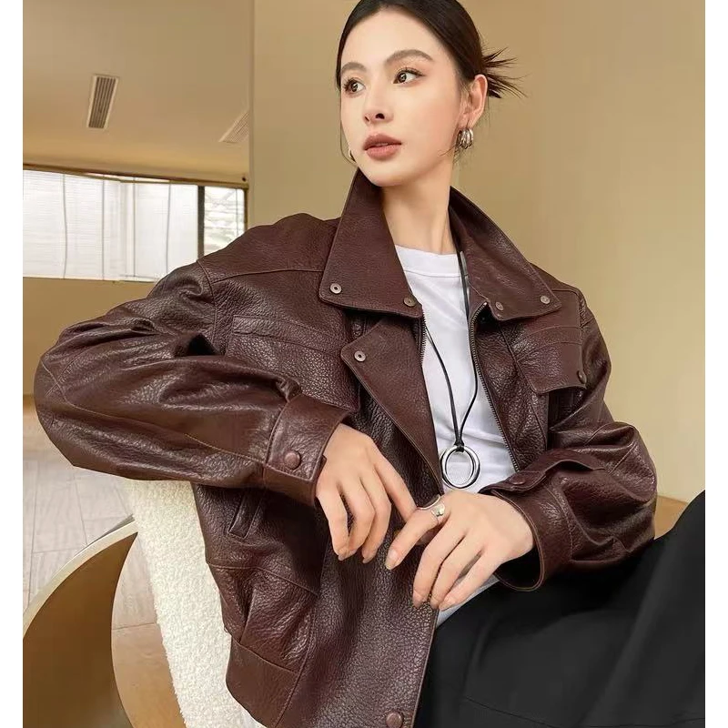 Women's Winter Sheepskin Coat Imported Sheep Bubble Leather Female Burgundy Lapel Zipper Motorcycle Jacket Chaquetas De Mujer