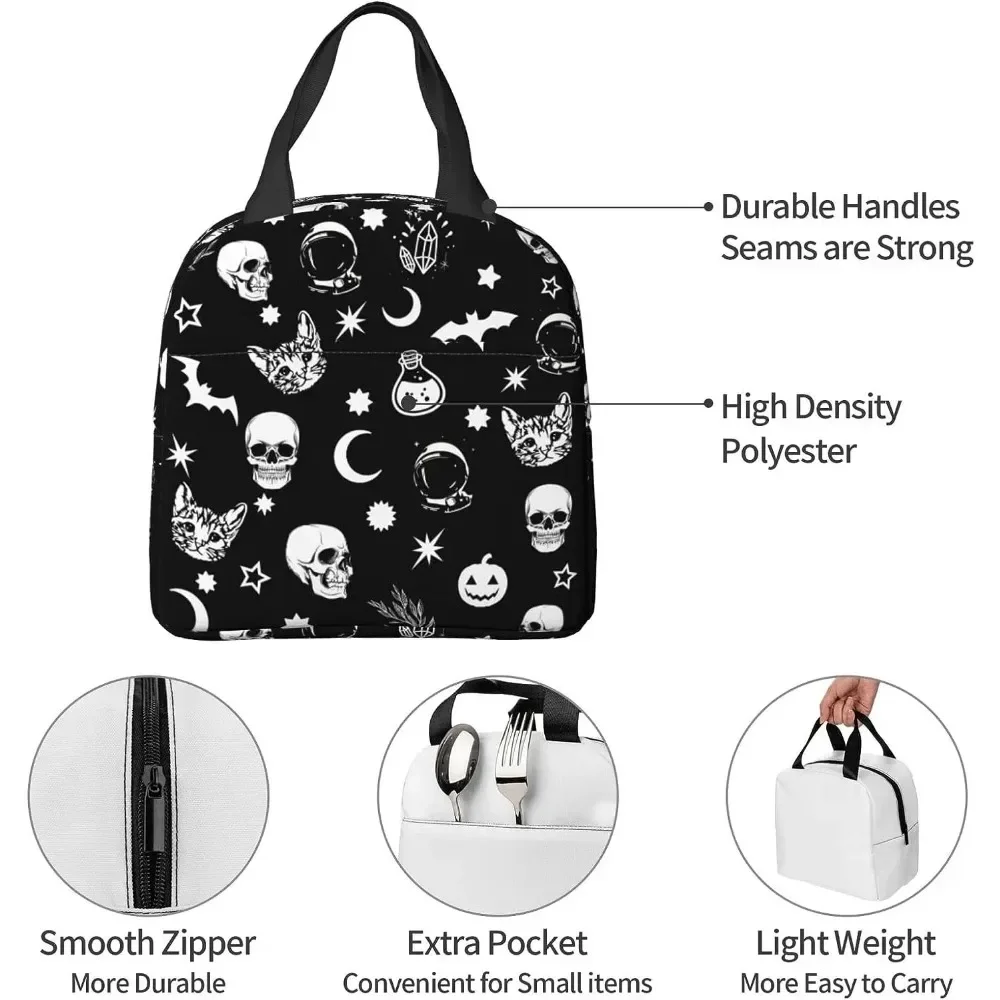 Black Goth Skull Moon Star Lunch Box for Kids Boys Girls Teen Insulated Lunch Bag Waterproof Reusable Lunch Tote School Office view 5
