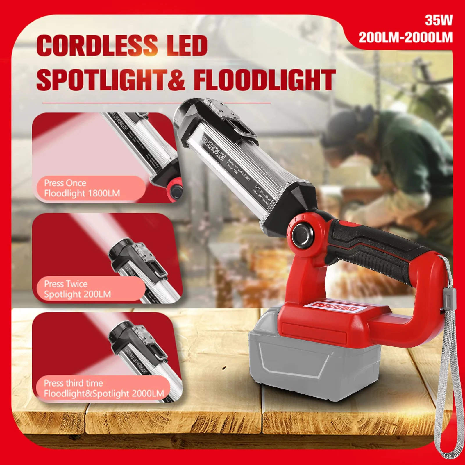 35 واط 2000LM اللاسلكي LED ضوء العمل المحمولة في الهواء الطلق مصباح يدوي لبطارية ديوالت/ميلووكي/ماكيتا 18 فولت 20 فولت (لا بطارية)