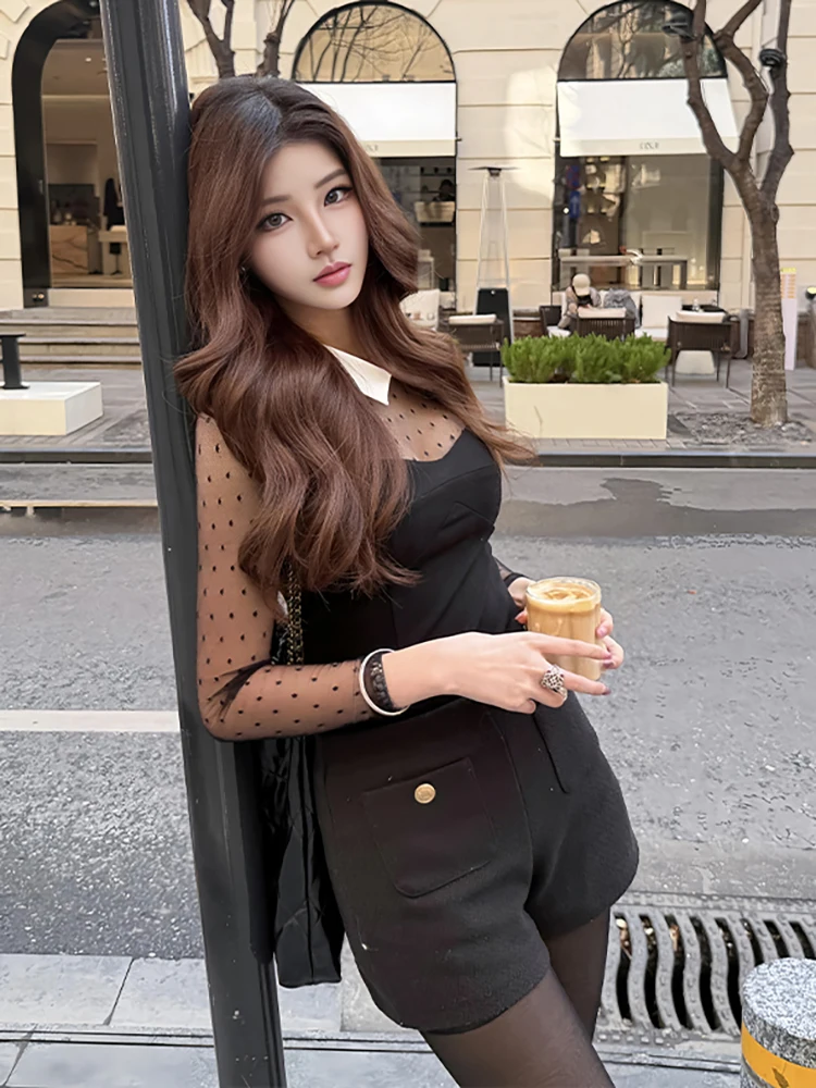 Sexy Me Polka Dot Splice Langarm-Kragen-Oberteil für Damen – Slim Fit Basic-Shirt für den Frühling – Eleganter Freizeit-Overall für Damen