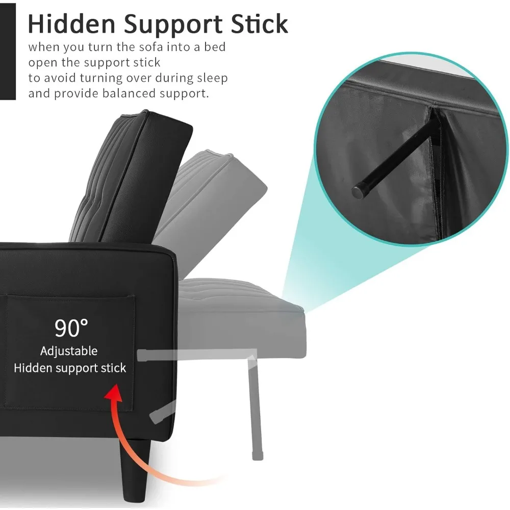 أريكة سرير فوتون قابلة للتحويل مع مسند ظهر قابل للتعديل، أريكة نوم حديثة من الجلد الصناعي معنقدة في منتصف القرن لتوفير الراحة #5