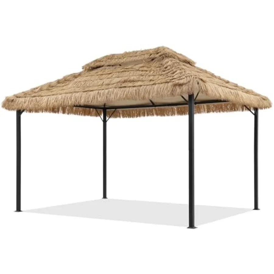 Feet Outdoor Tiki Gazebo with Double-Layer Thatched Canopy, UV-Protection, Water-Resistant, Sturdy Aluminum Frame, Patio Shade
