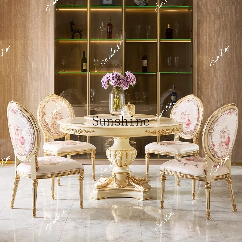 Retro small French furniture marble round dining table and chair combination  FT