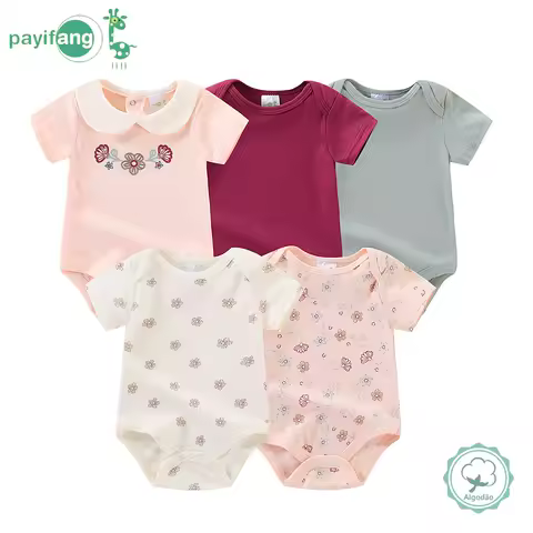 Conjunto de 5 Peças Estilo Floral para Bebê Menina, Macacão de Manga Curta com Bordado Floral Delicado, Body de Bebê em Tecido Misto, Macacão de Cor Sólida, Conjunto de Verão 0-12 Meses