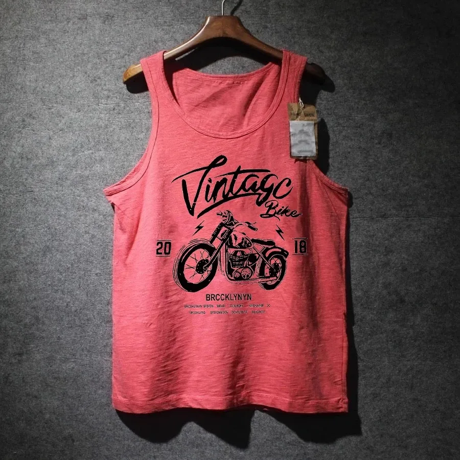Retro Hong Kong Style Motorcycle Pattern Printed Pure Cotton Men's Tank Top T-Shirt Loose Fit Summer Youth Fashion Casual Wear