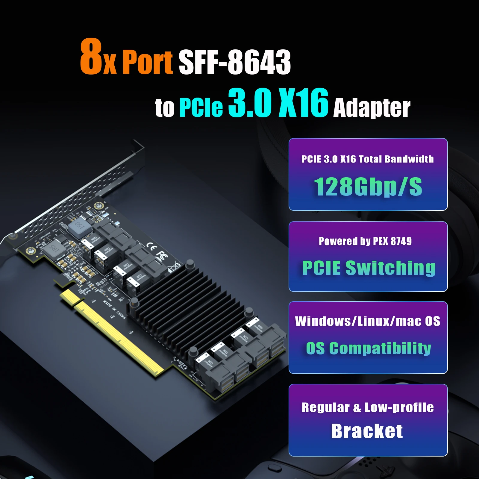 8-Port SFF-8643 to PCIE 3.0 X16 Adapter Card with PEX8749 Controller for High-Density U.2/U.3/M.2 NVMe RAID Storage Solution