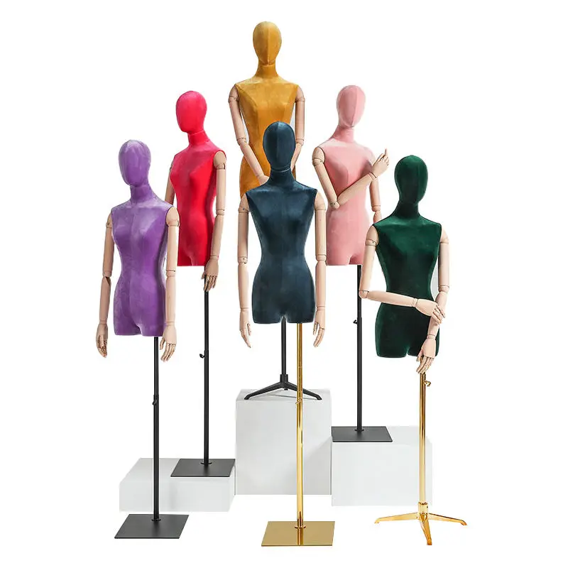 Upper-body Gold Base Women Clothing Display Flexible Mannequin Velvet Half Body Female Mannequin With Flexible Arm