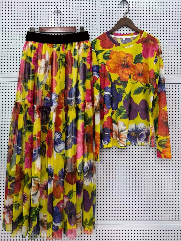 Retro Printed Knitted T-shirt Two-piece Set Autumn Women's Clothing + Elastic Waist Smocked Loose Mesh Skirt Fashion Suit