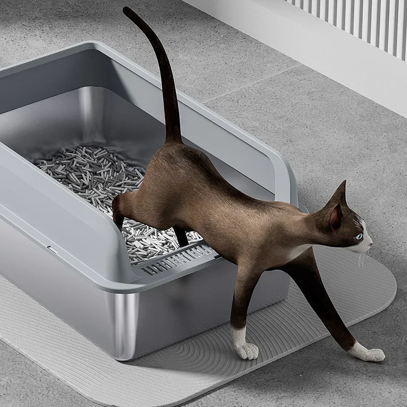 Large-Capacity Stainless Steel Cat Litter Box Semi-Enclosed Cat Toilet Heightened Fence Splash-Proof Cat Litter Box Pet Supplies