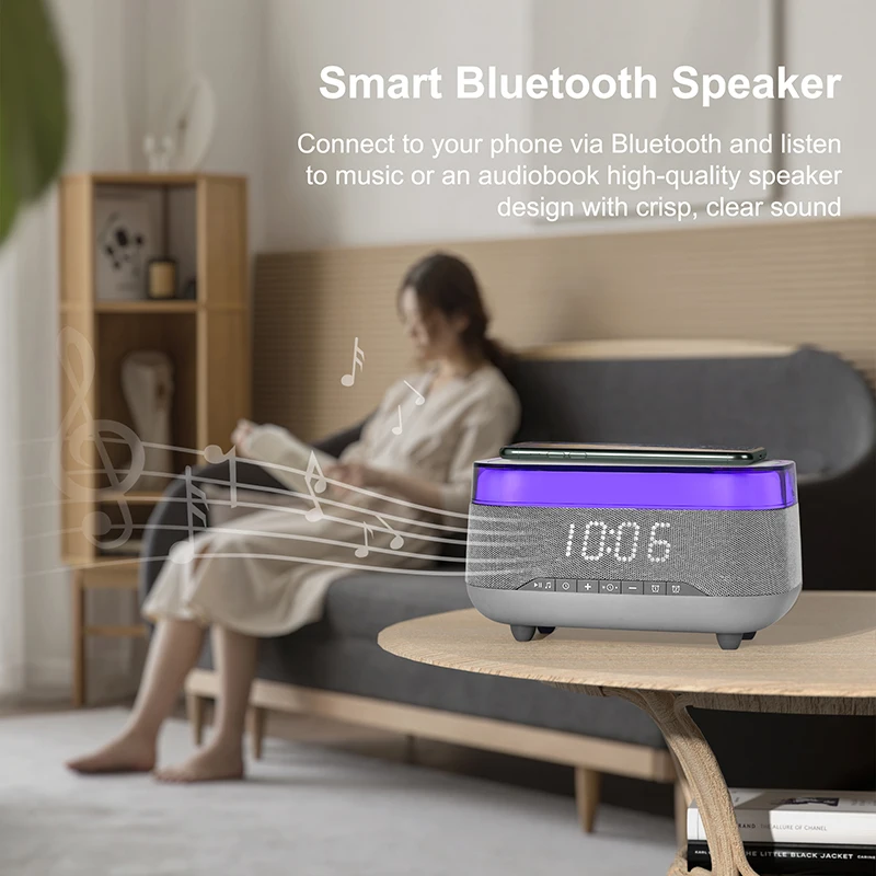 Caricabatterie wireless per telefono cellulare a ricarica rapida multifunzione 4 in 1 da 15 W con sveglia, luce notturna e altoparlante Blue Tooth