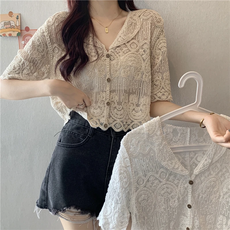 

Boring Honey Lace Splicing Turndown Collar Women's T-Shirt Single-Breasted Short Sleeves Clothes For Women Solid Colors Tops