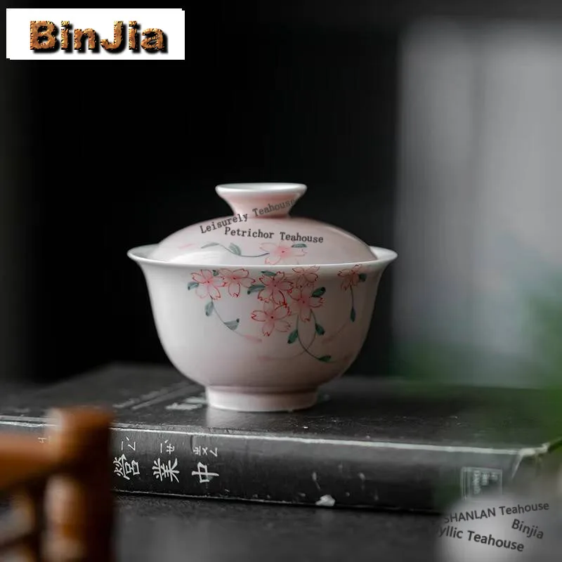 

140 мл ручная роспись вишневого цветка Gaiwan Нижняя глазурь цвет бледно-дымчатый красный чай чайный сервиз для приготовления чая чаша китайский чайный набор ремесло