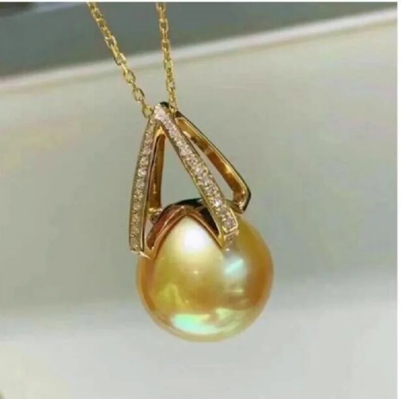 New Gorgeous AAAAA 11-12mm south sea Round Golden pearl pendant necklace 18