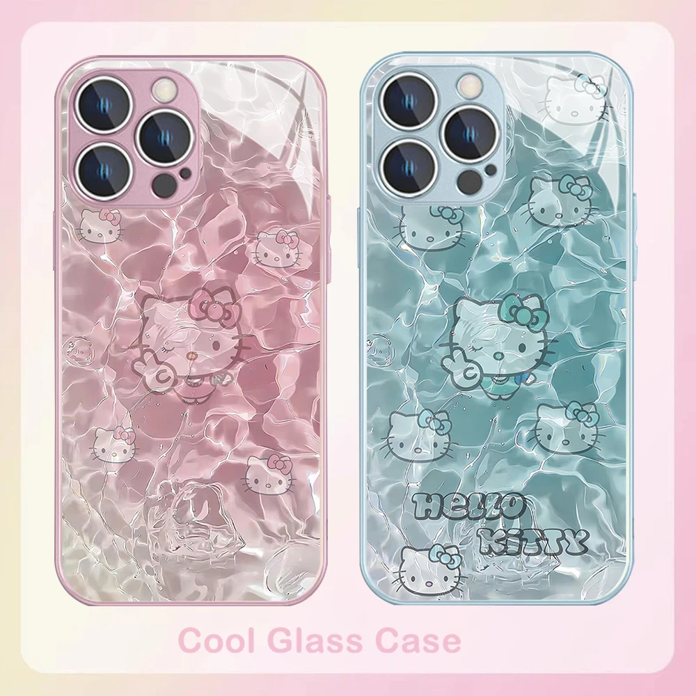 Summer Swim Hello Kitty Metallic-Color Phone Case For iPhone X XR XS 16 15 14 13 12 Mini 11 Pro Max 7 8 SE 20 Plus Glass Cover