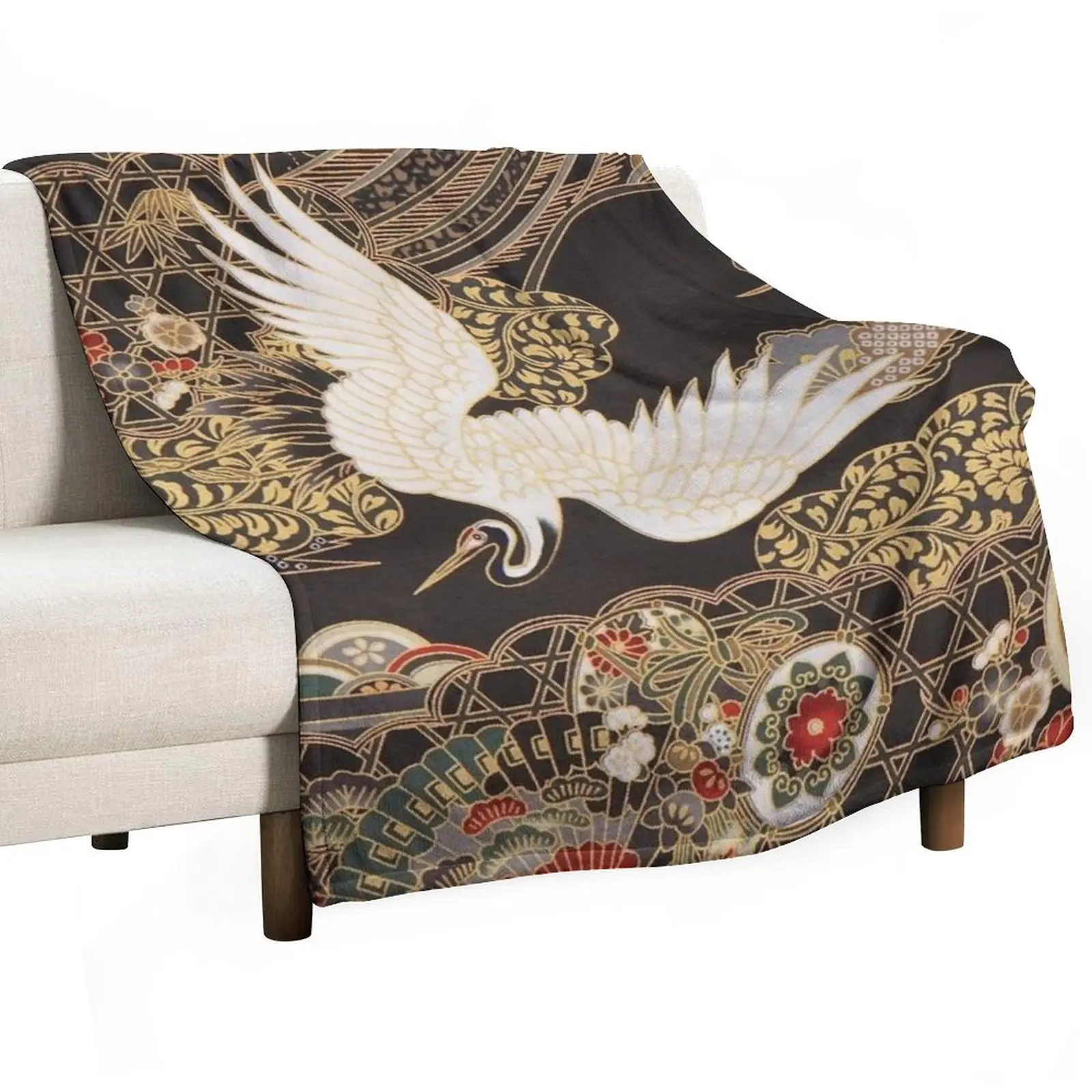 

VintageJapanese Cranes Gold and Black Throw Blanket Thin decorative Blankets