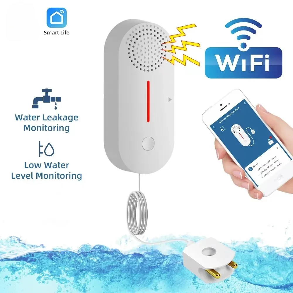 Capteur de fuite d'eau WiFi intelligent, détecteur de niveau de débordement d'eau, système d'alarme sonore de sécurité, capteur de fuite d'inondation, moniteur à distance