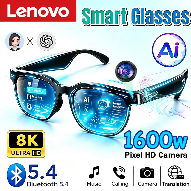 Lenovo Smart-Brille 1600W Kamera 8K-Aufnahme KI-Echtzeit-Übersetzung Bluetooth 5.4 Kopfhörer Anrufaufzeichnung Musik-Sonnenbrille