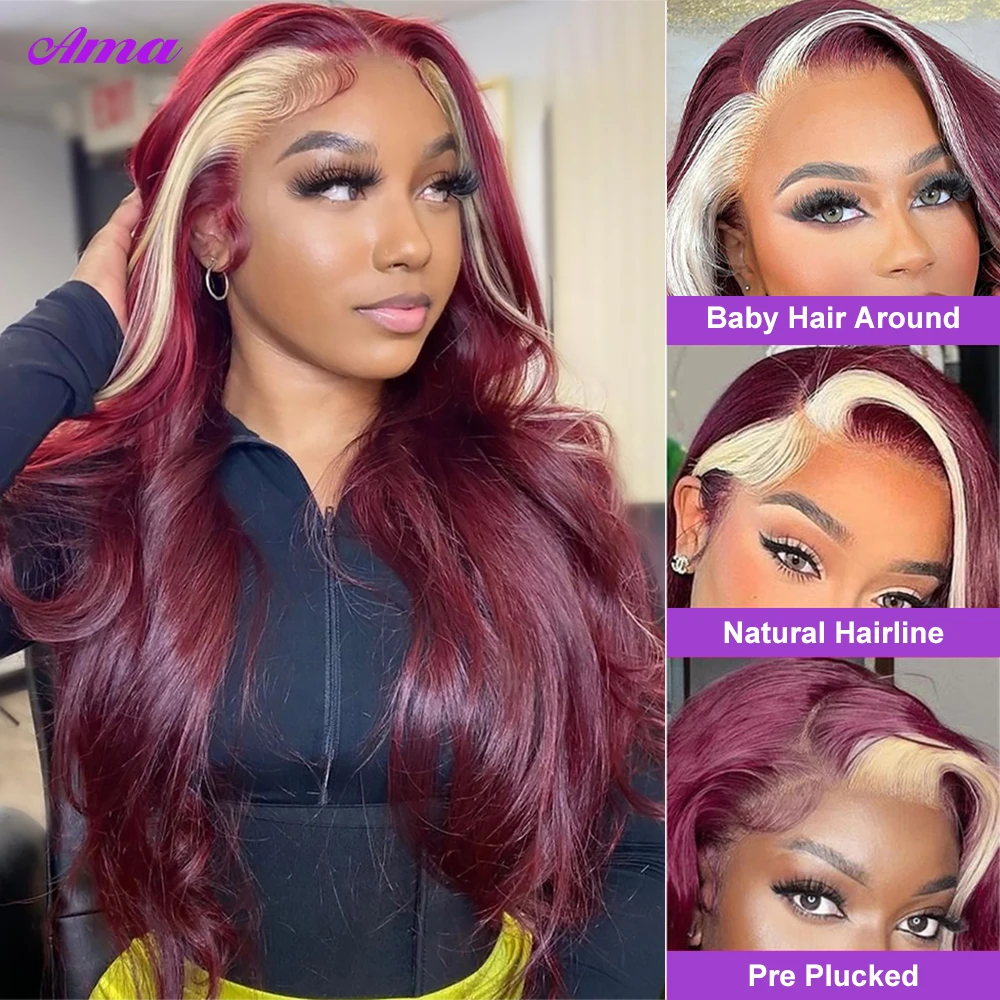 Burgundy 99J Red With 613 Blonde 13x4 Stripe Skunk Lace Front Human Hair Wigs Pre Plucked Glueless Body Wave Lace Front Wig