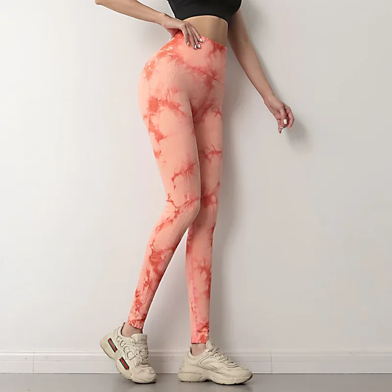 Nahtlose Pfirsich Yoga Leggings Damen Tie-Dye Tie-Bleached Print hohe Taille Hüftlift Sport Lauf Turnhose