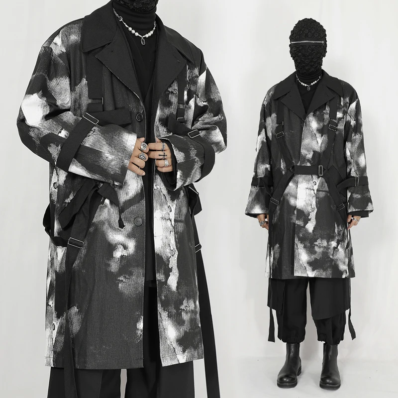 

NDNBF Yamamoto style men's long windbreaker jacket, spring and autumn season niche design, ink printed loose windbreaker