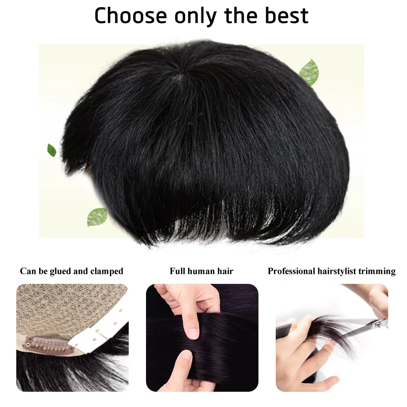 Men 100% Human Hair Natural Breathable Wig Top Swiss Lace Pieces Wig Thinning Hair Cover-Up Forehead Balding Concealment