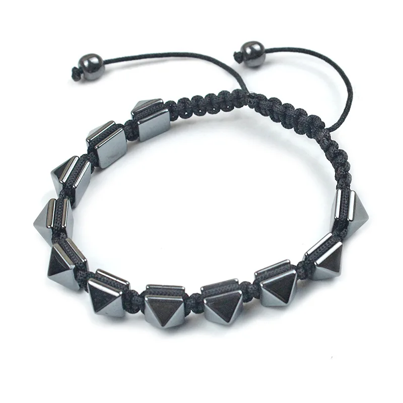 Punk Biker Adjustable Braided Spike Bracelet for Men Hematite Stone Rivet Bracelets Men's Hip Hop Hand Jewelry Accessory