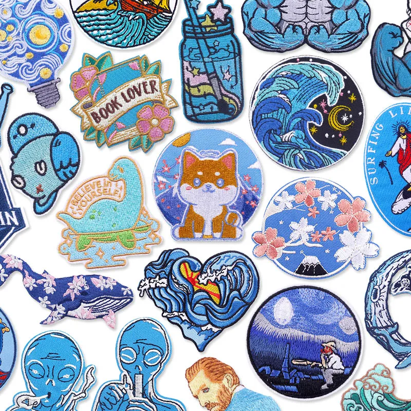Cherry Blossoms Applique Iron On Patches On Clothes Waves Embroidered Patches For Clothing Stickers Blue Patch Decorate Badges