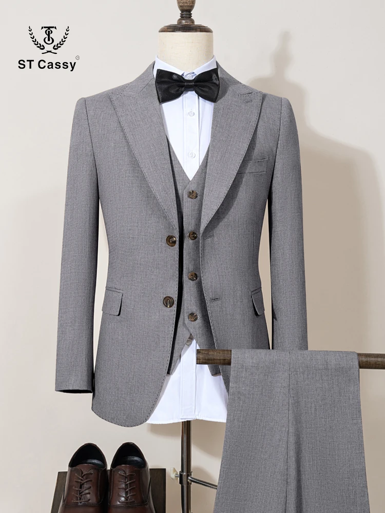 ST Cassy nuevo traje de 2 botones gris diseño moderno ropa de oficina para hombre blazer coustime homme luxe artesanía con borde de cuentas