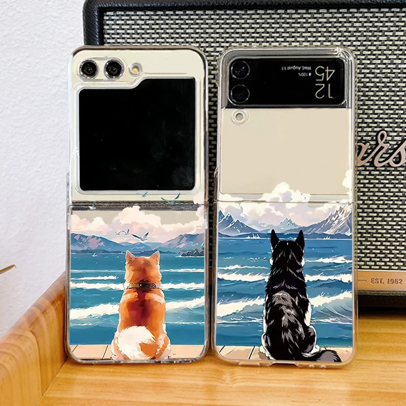 Cute Seaside Landscape Dog Phone Case For Samsung Galaxy Z Flip 6 ZFlip5 Shockproof Cover for Samsung ZFlip 8 4 3 7 Shell Fundas