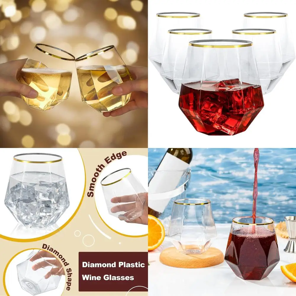 

Gold-Rimmed 12 Oz Plastic Stemless Wine Glasses, 80-Pack, Ideal for Weddings, Parties, and Bar Use