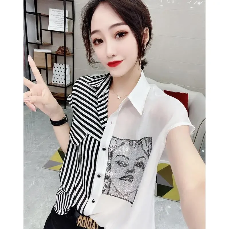 Korean Blouse Casual Graphic Women\'s T-shirt Summer Clothes Aesthetic Short Sleeve Pulover Fashion Midi Striped Tops Loose Shirt