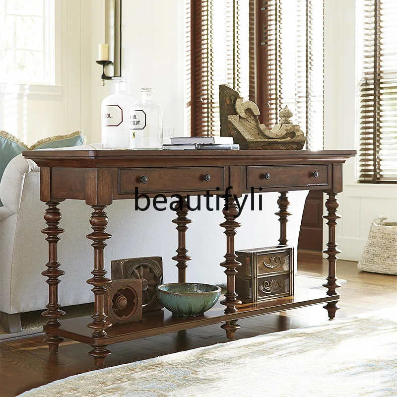 

American Retro Solid Wood Entryway Cabinet Carved Living Room Wall-Mounted Sideboard Hallway Entryway Table