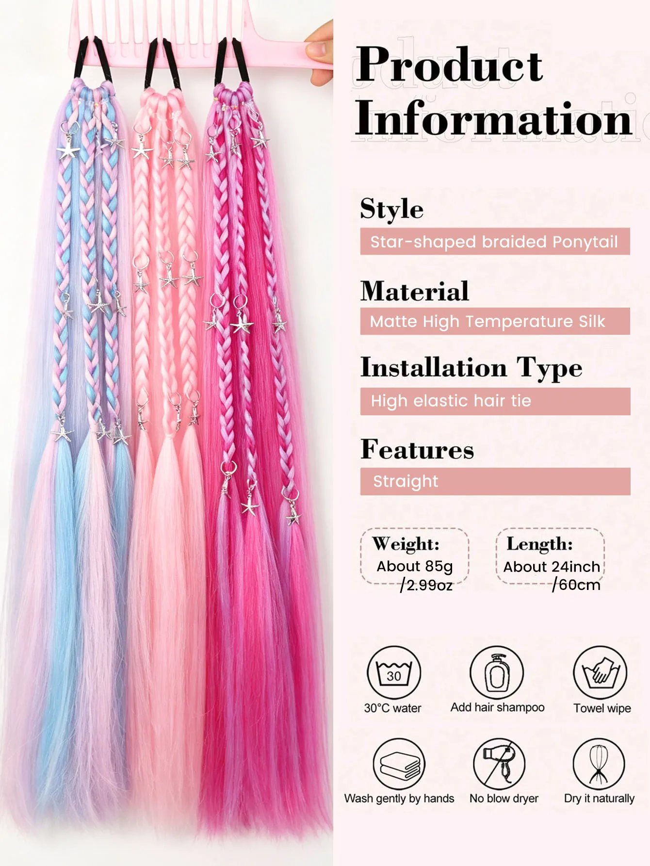 Synthetic Long Straight Purple Blue Pink Ponytail With Elastic Band Braiding Hair Extension Wrap Around Heat Resistant For Women