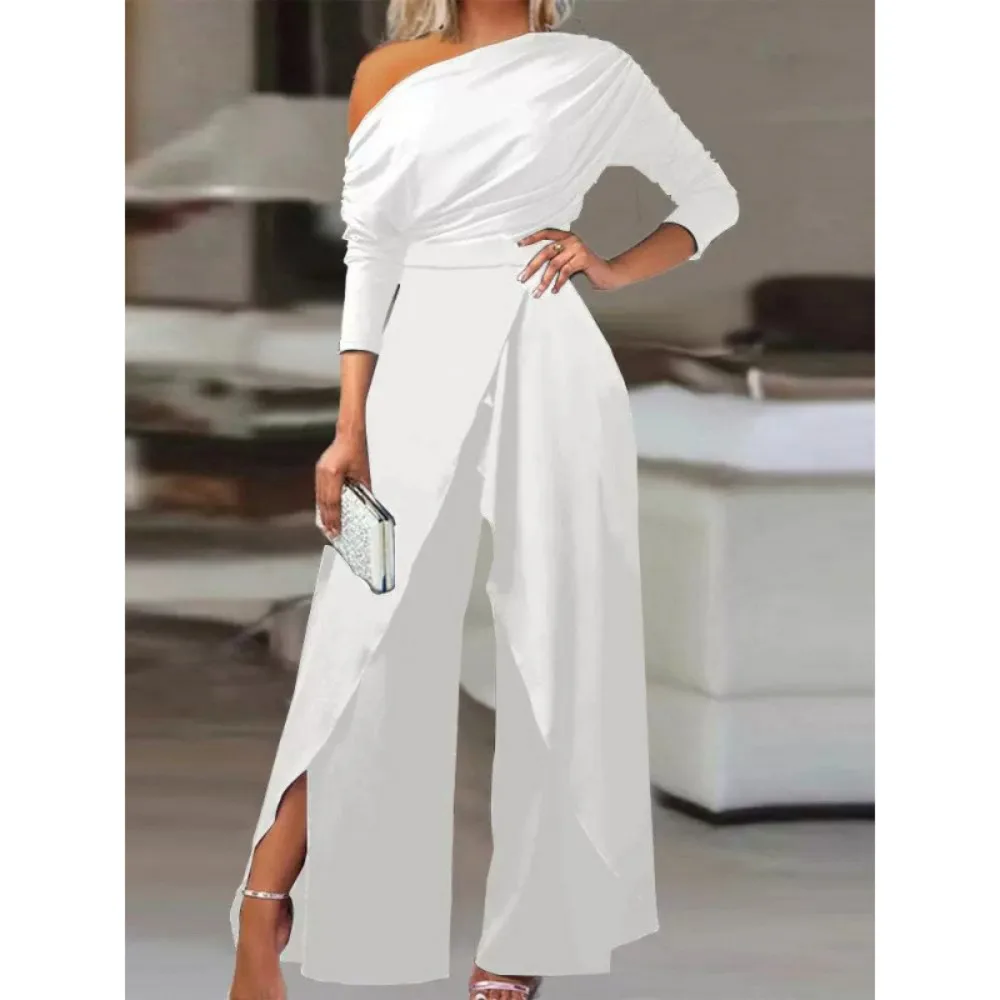Women's Fashion One Shoulder Jumpsuit Long Sleeve Draped Wrap Overlay Split Wide Leg Elegant Formal Party Ladies Black Jumpsuit