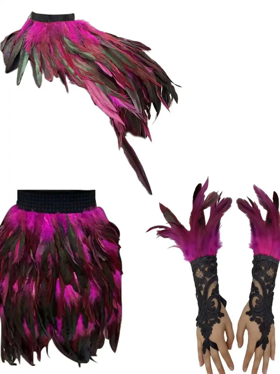Gothic Style Halloween Party Feather Skirt Gloves And Shoulder Decorations Set for Women Straight Cut mid Length PVC Skirt