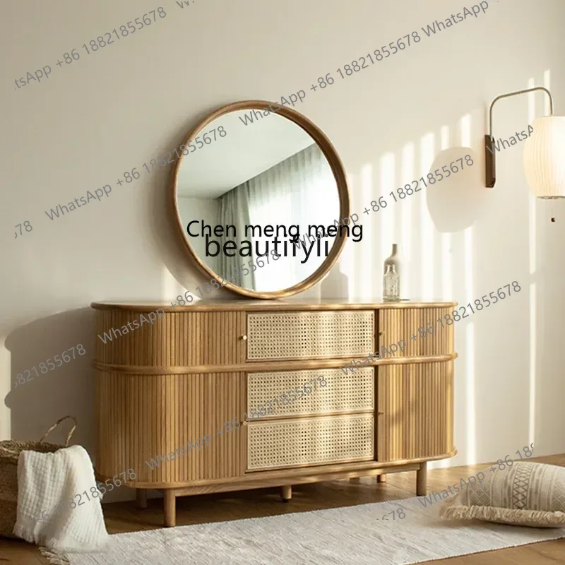 

X White Oak Shutter Rattan Chest of Drawers Nordic Retro B & B Side Cabinet Black Walnut TV CabinetQ