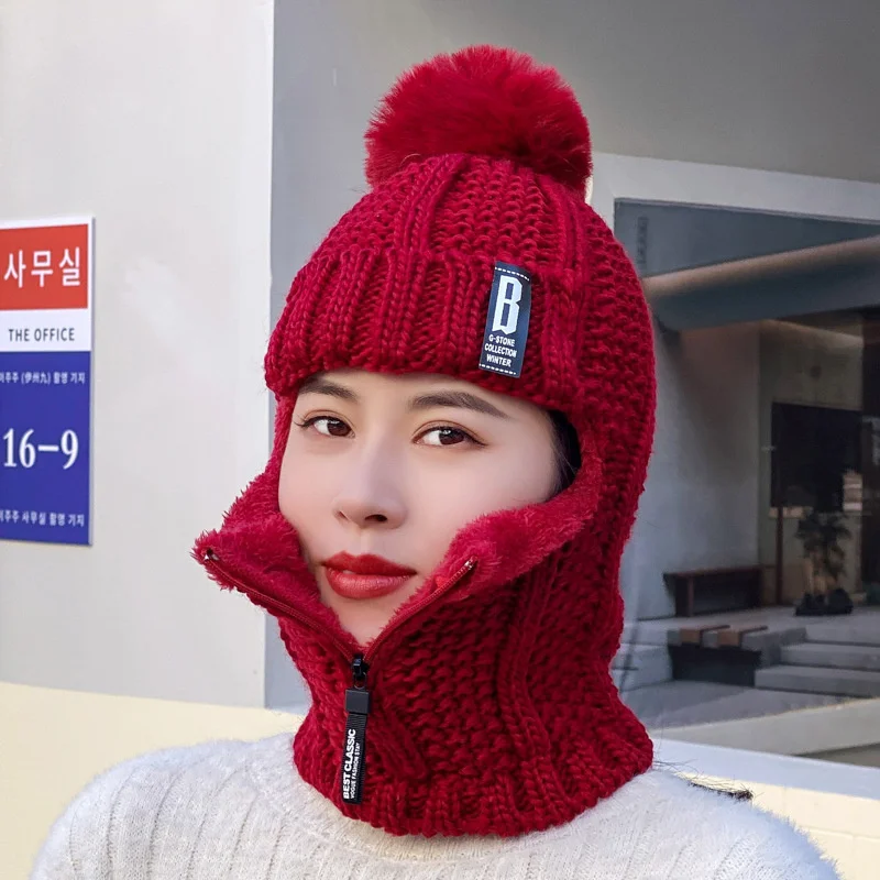 Women Wool Knitted Hat Ski Hat Windproof Winter Outdoor Knit Thick Siamese Scarf Collar Warm Keep Face Warmer Beanies Hat