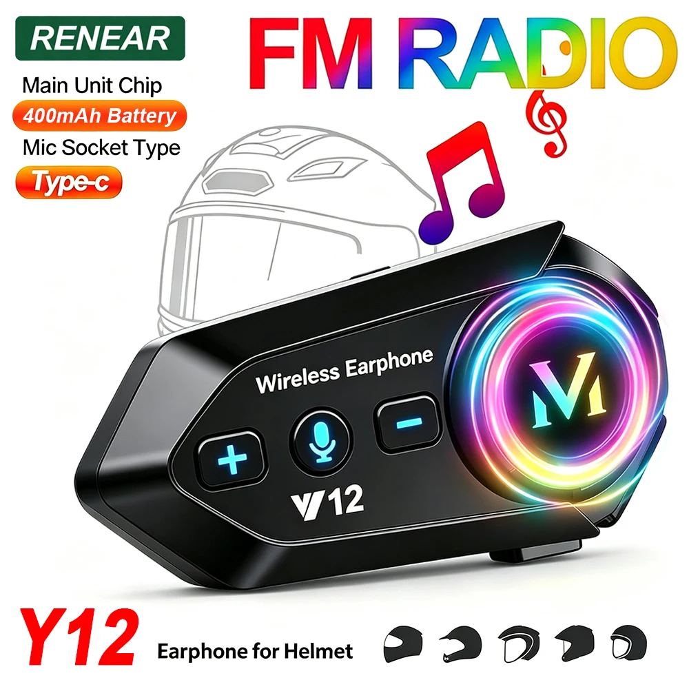 Fone de ouvido para capacete de motocicleta Y12, fone de ouvido estéreo Bluetooth FM para telefone, capacete de ciclismo ao ar livre, fones de ouvido sem fio com microfone