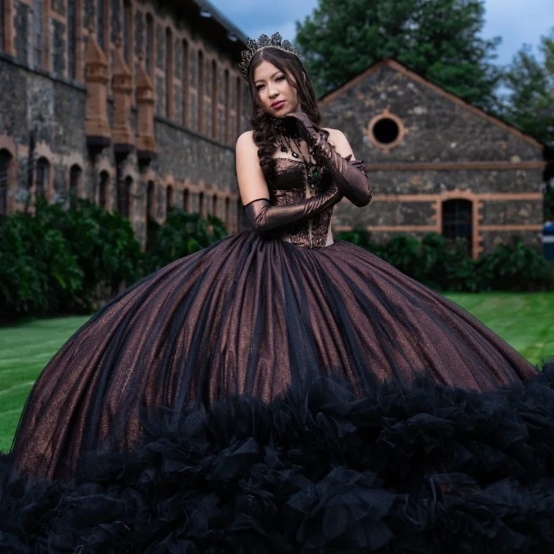 

Shiny black Quinceanera Dress off-shoulder Lace layering Long tail vestidos de 15 Quinceanera ﻿Customized